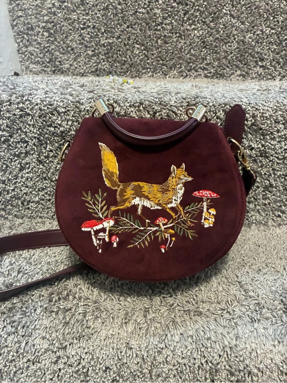 Fable Embroidered Fox Suede Crossbody Bag - Burgundy